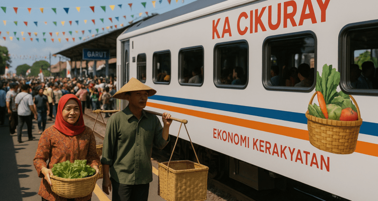 alt_text: KA Cikuray, jalur ekspres baru dari Garut, meluncur cepat dengan latar pemandangan indah.