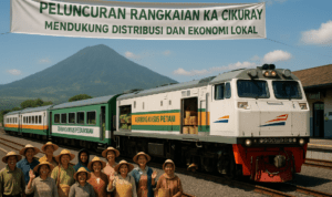 alt_text: KA Cikuray bergerak di jalur baru yang menghubungkan Stasiun Garut dengan Pasar Garut.