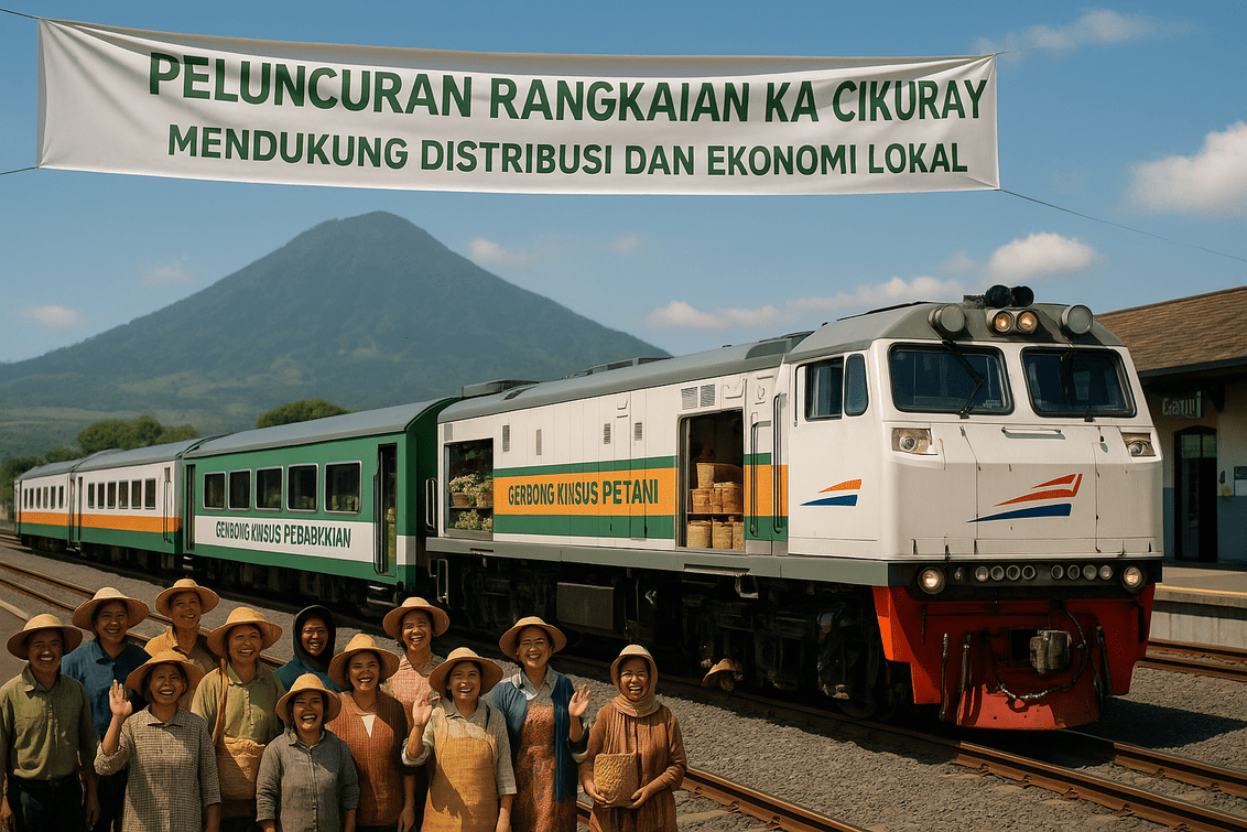 alt_text: KA Cikuray bergerak di jalur baru yang menghubungkan Stasiun Garut dengan Pasar Garut.