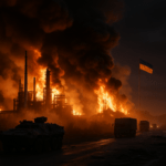 alt_text: Peta Rusia dengan simbol bahan bakar, tank, dan grafik harga, menunjukkan isu energi dan konflik.