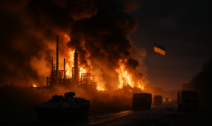 alt_text: Peta Rusia dengan simbol bahan bakar, tank, dan grafik harga, menunjukkan isu energi dan konflik.