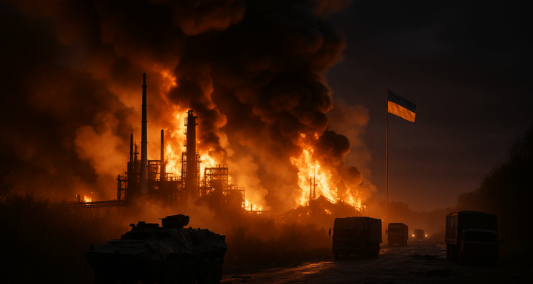 alt_text: Peta Rusia dengan simbol bahan bakar, tank, dan grafik harga, menunjukkan isu energi dan konflik.