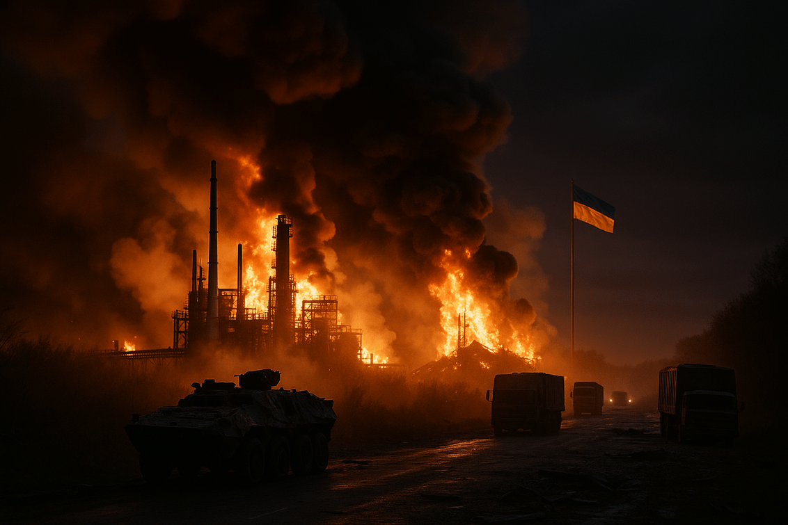 alt_text: Peta Rusia dengan simbol bahan bakar, tank, dan grafik harga, menunjukkan isu energi dan konflik.