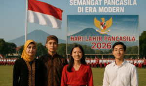 alt_text: Poster "Pancasila Kompas Moral Generasi Muda Garut" dengan elemen budaya dan simbol Pancasila.
