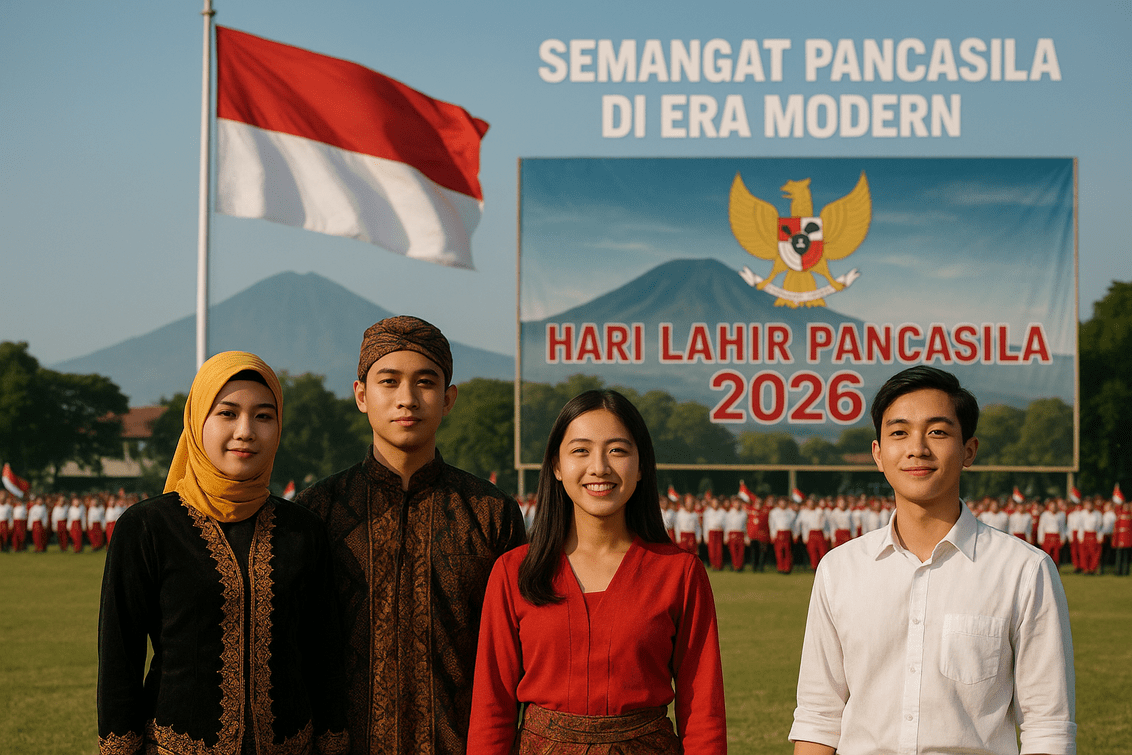 alt_text: Poster "Pancasila Kompas Moral Generasi Muda Garut" dengan elemen budaya dan simbol Pancasila.