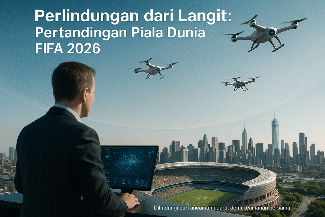 alt_text: Sistem pelindungan anti-drone melindungi stadion selama Piala Dunia di AS.