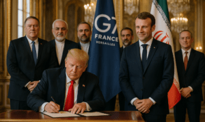 alt_text: Perwakilan Amerika dan Iran menandatangani perjanjian damai di era pemerintahan Trump.