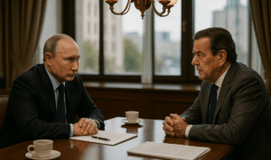 alt_text: Schroeder dan Putin berdiskusi di ruang bergaya rumah minimalis.