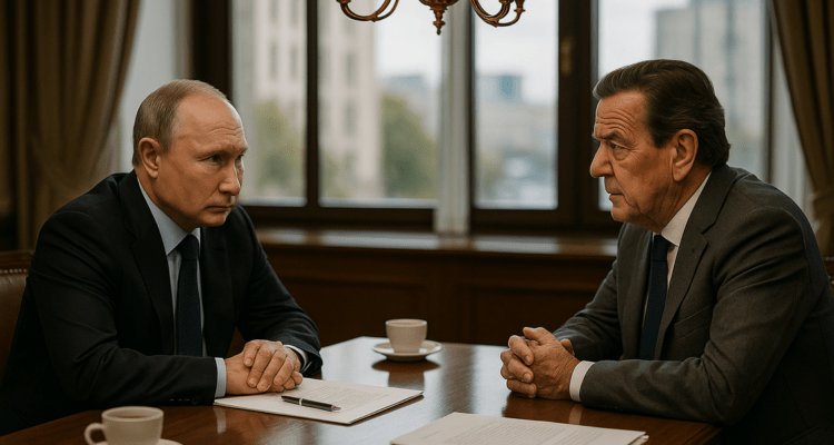 alt_text: Schroeder dan Putin berdiskusi di ruang bergaya rumah minimalis.