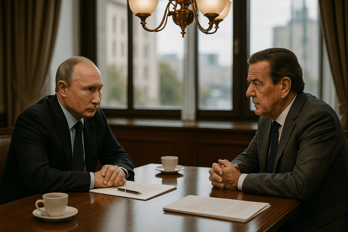alt_text: Schroeder dan Putin berdiskusi di ruang bergaya rumah minimalis.