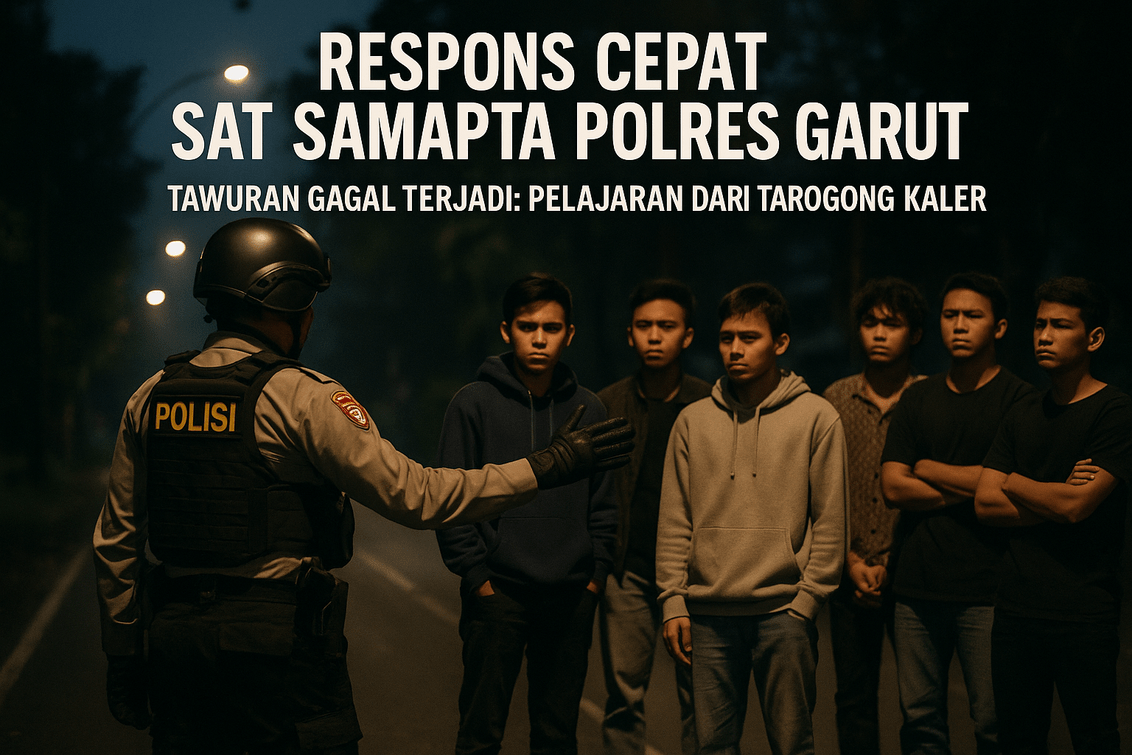 "Pelajar menepi saat polisi tiba; tawuran di Tarogong Kaler berhasil dicegah."