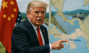 alt_text: Kapal-kapal mengantri di Terusan Panama, simbol tarik ulur kuasa ekonomi dan geopolitik global.