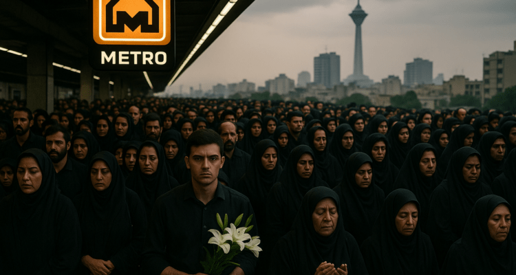 alt_text: Kerumunan di metro Teheran berkabung, foto Ali Khamenei menghiasi dinding.