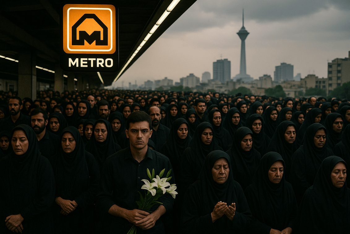 alt_text: Kerumunan di metro Teheran berkabung, foto Ali Khamenei menghiasi dinding.