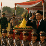 alt_text: Perayaan HUT Bhayangkara di Garut dengan tumpeng dan simbol sinergi serta harapan untuk masa depan.