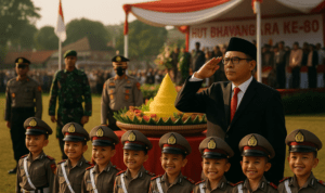 alt_text: Perayaan HUT Bhayangkara di Garut dengan tumpeng dan simbol sinergi serta harapan untuk masa depan.