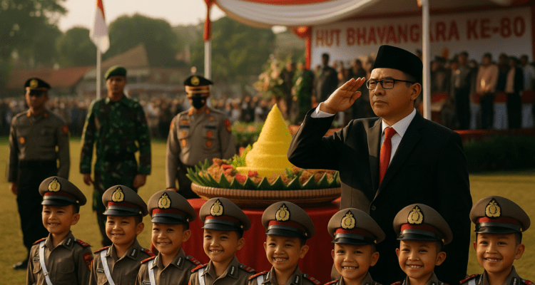 alt_text: Perayaan HUT Bhayangkara di Garut dengan tumpeng dan simbol sinergi serta harapan untuk masa depan.
