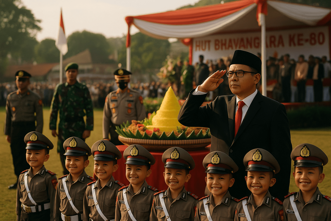 alt_text: Perayaan HUT Bhayangkara di Garut dengan tumpeng dan simbol sinergi serta harapan untuk masa depan.