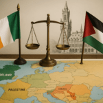 alt_text: Demonstrasi Irlandia menentang aksi militer Israel di Gaza, menuntut perdamaian dan keadilan.