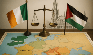 alt_text: Demonstrasi Irlandia menentang aksi militer Israel di Gaza, menuntut perdamaian dan keadilan.