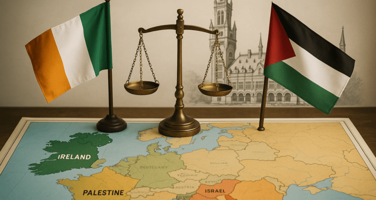 alt_text: Demonstrasi Irlandia menentang aksi militer Israel di Gaza, menuntut perdamaian dan keadilan.