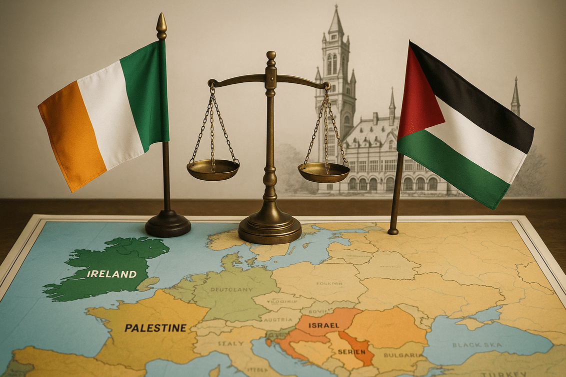 alt_text: Demonstrasi Irlandia menentang aksi militer Israel di Gaza, menuntut perdamaian dan keadilan.