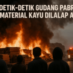 Gudang kayu di Garut terbakar, api besar dan asap hitam mengepul ke langit.