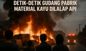 Gudang kayu di Garut terbakar, api besar dan asap hitam mengepul ke langit.