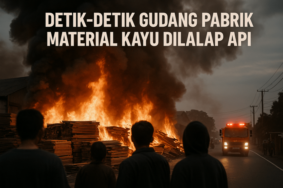 Gudang kayu di Garut terbakar, api besar dan asap hitam mengepul ke langit.