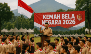 alt_text: Peserta Kemah Bela Negara berkumpul, memupuk cinta tanah air sambil mengibarkan bendera.