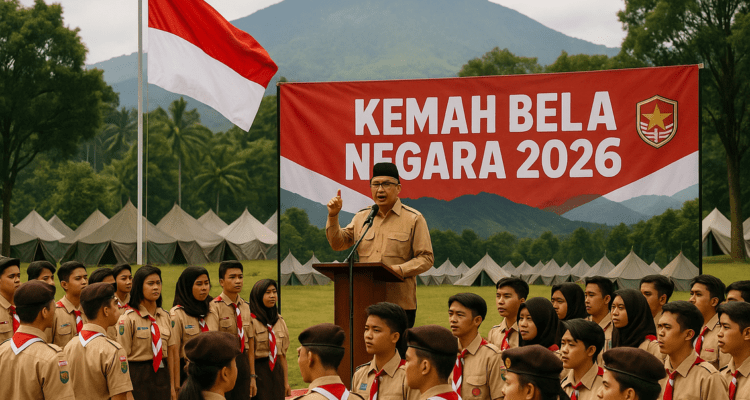 alt_text: Peserta Kemah Bela Negara berkumpul, memupuk cinta tanah air sambil mengibarkan bendera.
