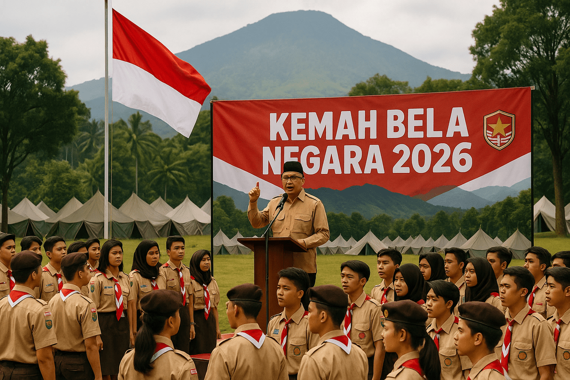 alt_text: Peserta Kemah Bela Negara berkumpul, memupuk cinta tanah air sambil mengibarkan bendera.