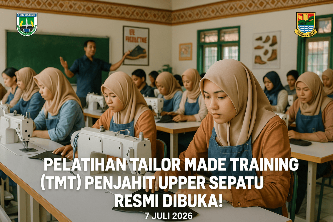 alt_text: Pelatihan penjahit upper sepatu di Garut, pengembangan keterampilan SDM lokal.