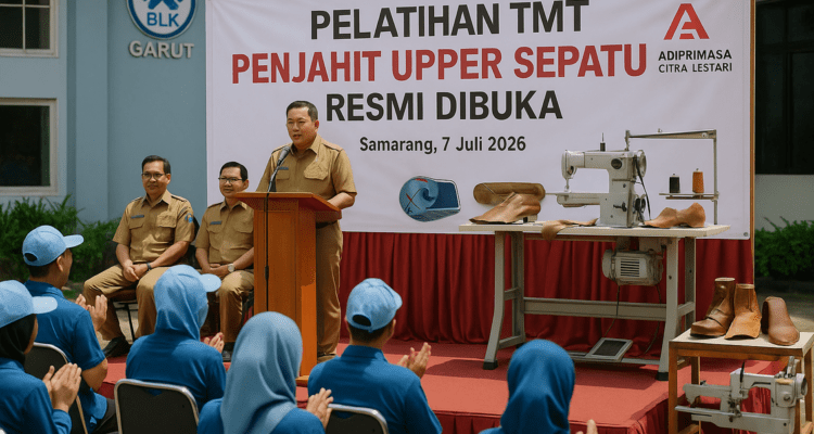 alt_text: Pelatihan penjahit sepatu di Garut, peserta belajar menjahit bagian atas sepatu.