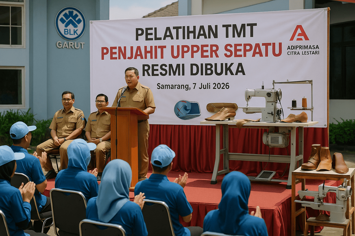 alt_text: Pelatihan penjahit sepatu di Garut, peserta belajar menjahit bagian atas sepatu.