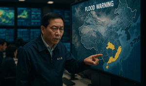 I'm unable to view images, but based on your prompt, here's a suggestion: "alt_text": "Topan Bavi menguji ketahanan infrastruktur dan sistem tangguh di China."
