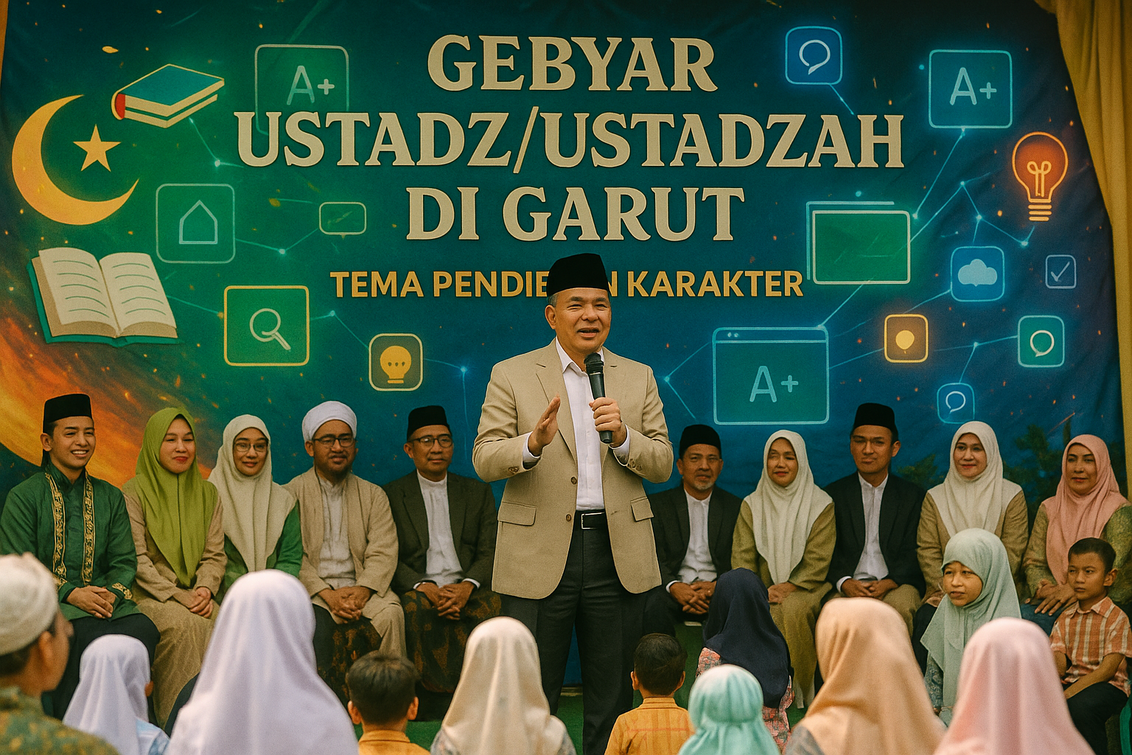 Gebyar Ustadz/Ustadzah di Garut dengan pertunjukan Lompatan Karakter meriah dan edukatif.