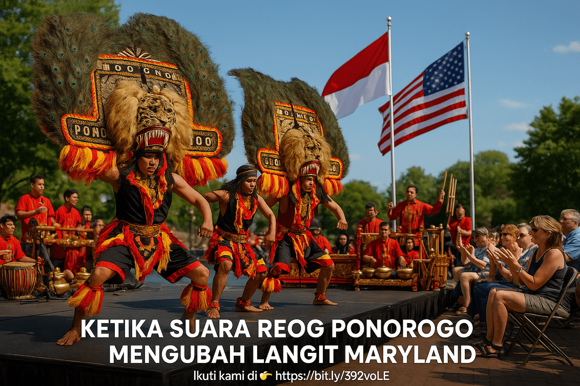 Suara Reog Menggetarkan Langit Maryland Reog tampil megah di langit Maryland, memukau penonton dengan suara dan tariannya yang menawan.