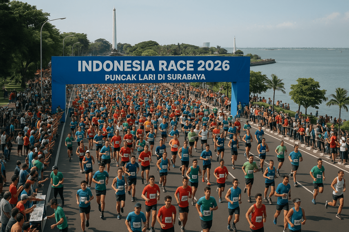 Lomba lari Indonesia Race 2026 di Surabaya, ajang puncak para pelari nasional dan internasional.