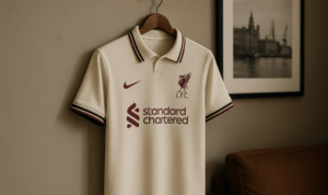 Jersey tandang Liverpool terbaru, desain klasik dengan sentuhan modern yang elegan.