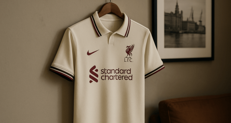 Jersey tandang Liverpool terbaru, desain klasik dengan sentuhan modern yang elegan.