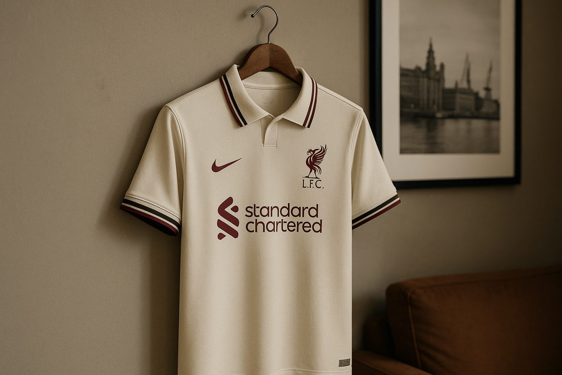 Jersey tandang Liverpool terbaru, desain klasik dengan sentuhan modern yang elegan.