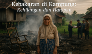 Kebakaran melanda rumah Emak Nonok, menambah duka di masa tuanya.
