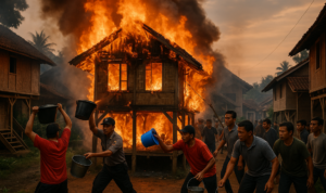 Kebakaran melanda rumah panggung di Banjarwangi, Sukamanah. Kerugian masih dihitung.