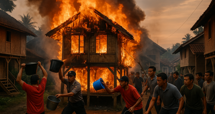 Kebakaran melanda rumah panggung di Banjarwangi, Sukamanah. Kerugian masih dihitung.
