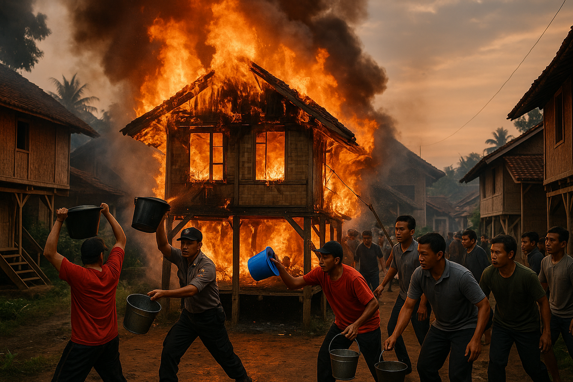 Kebakaran melanda rumah panggung di Banjarwangi, Sukamanah. Kerugian masih dihitung.
